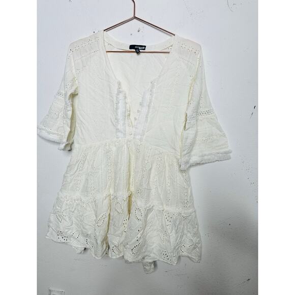 N12H White Cotton Eyelet Pure Peasant Three Quarter Sleeve Poppy Dress XS US 0 - Picture 2 of 16